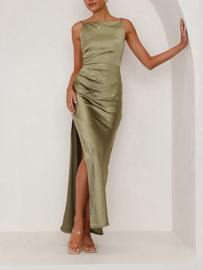 Sleeveless Pleated Solid Color Split-Joint Split-Side Spaghetti-Neck Midi Dresses
