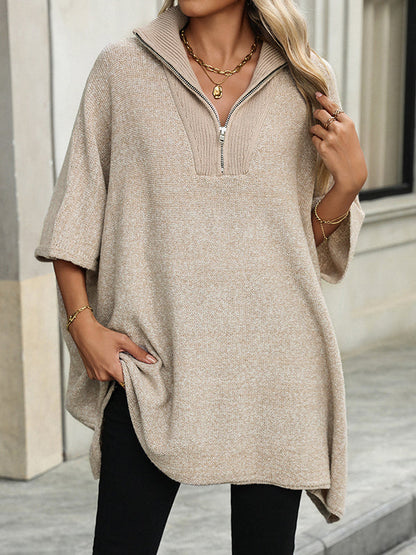 Loose Three-Quarter Sleeves Split-Joint Zipper V-Neck Sweater Tops