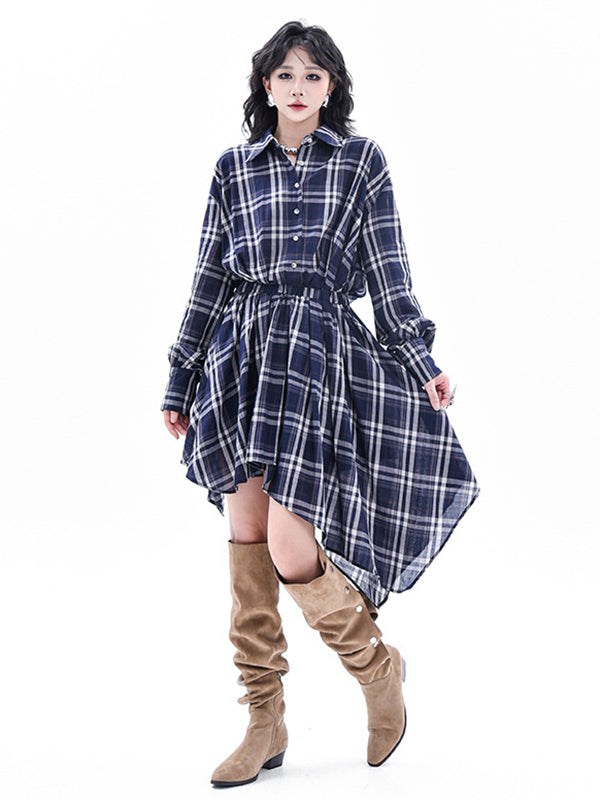 High-Low Irregularity Elasticity Plaid Lapel Collar Midi Dresses