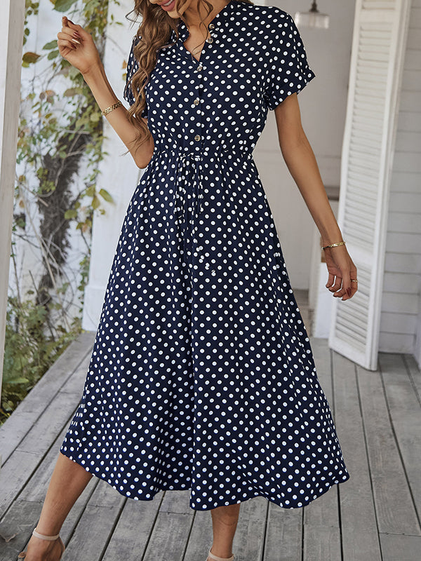 A-Line High Waisted Buttoned Drawstring Polka-Dot V-Neck Midi Dresses