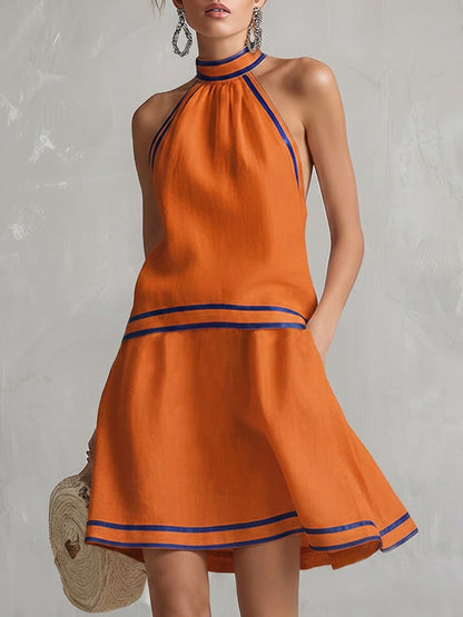 A-Line Sleeveless Contrast Color Pockets Zipper Halter-Neck Mini Dresses