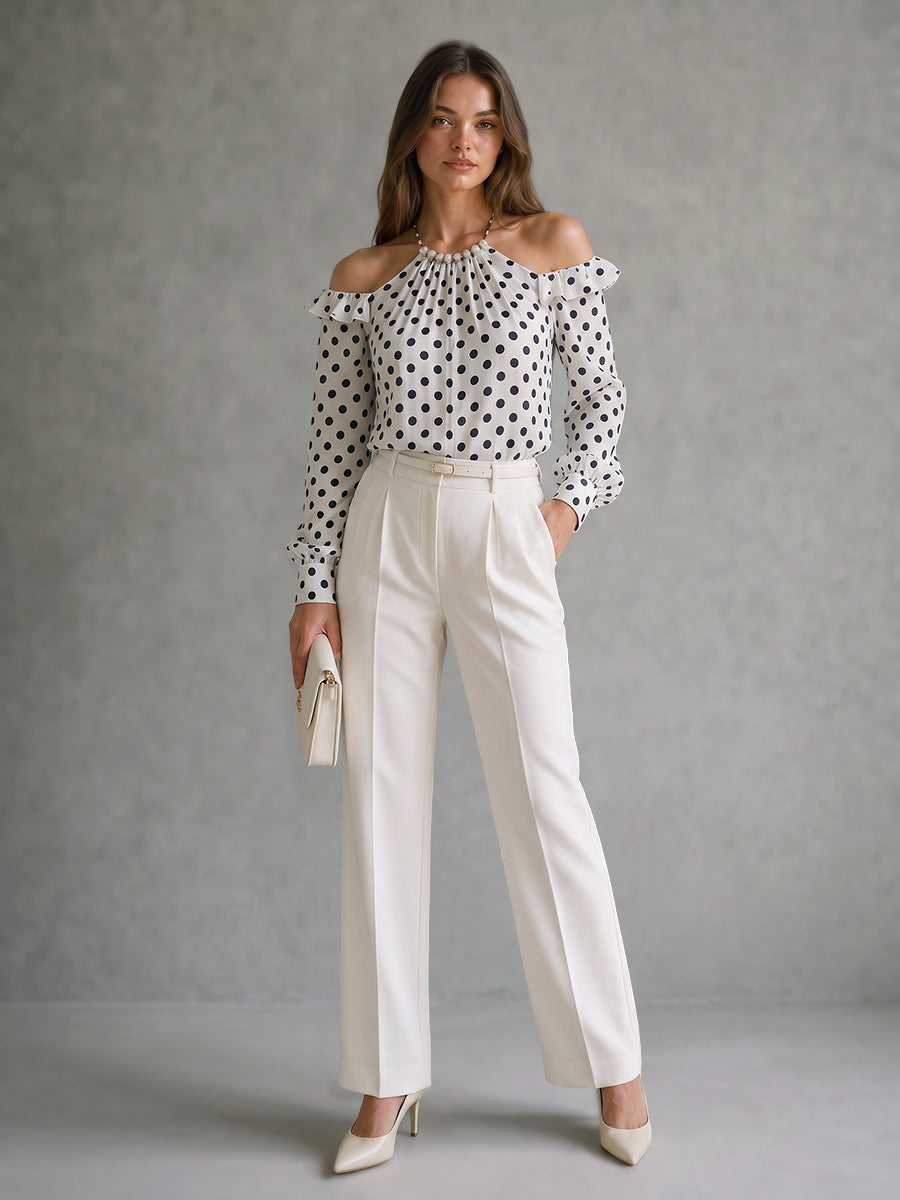 Ruffled Polka-Dot Long Sleeves Halter-Neck Blouses&shirts Tops