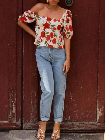 Loose Short Sleeves Backless Bow-Embellished Contrast Color Flower Print Pleated Split-Joint Square-Neck Blouses&Shirts Tops