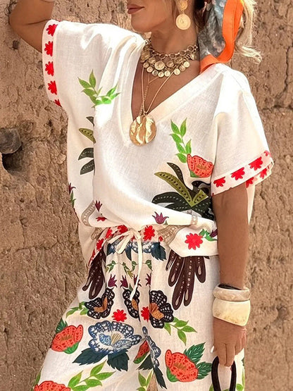 Loose Raglan Sleeve Printed Split-Joint V-Neck Blouses&Shirts Tops