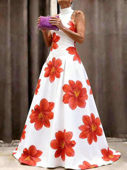 A-Line Sleeveless Contrast Color Flower Print Pleated Split-Joint Mock Neck Maxi Dresses
