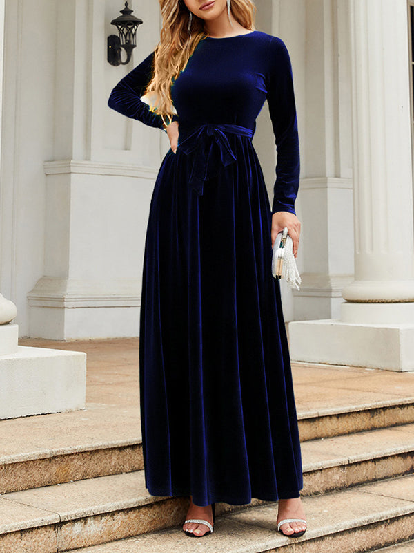 Long Sleeves Wrap Belted Pleated Solid Color Zipper Round-Neck Maxi Dresses