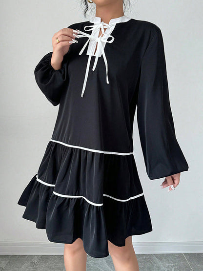 A-Line Long Sleeves Elasticity Pleated Tied V-Neck Mini Dresses