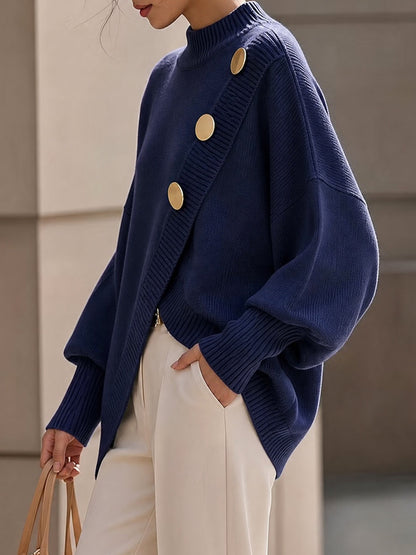 Solid Color Ribbed Buttoned Asymmetric Loose Long Sleeves Mock Neck Sweater Tops Pullovers