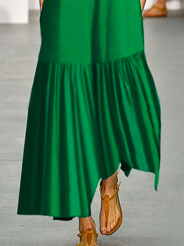 Robe longue trapèze ample à col rond et fentes de couleur unie 