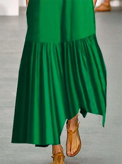 Robe longue trapèze ample à col rond et fentes de couleur unie 