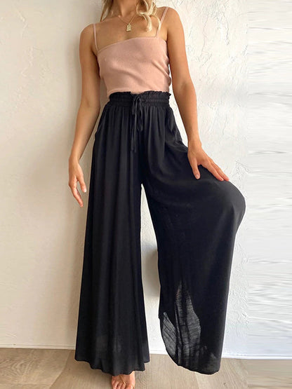 High Waisted Loose Drawstring Elasticity Pleated Pockets Solid Color Pants Trousers