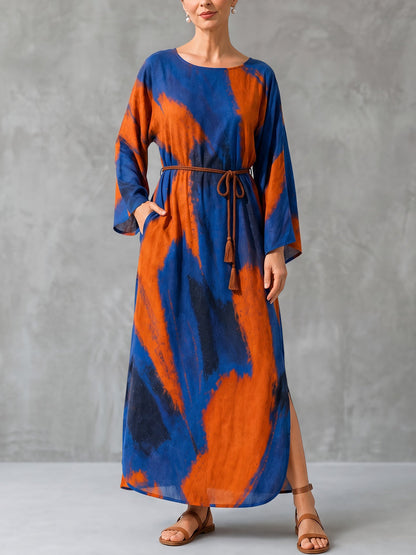 Tied Waist Split-side Printed Pockets Contrast Color Loose Long Sleeves Round-neck Maxi Dresses