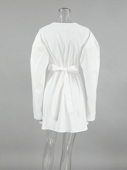 Long Sleeves Loose Pleated Solid Color Split-Joint Tied Waist V-Neck Mini Dresses Shirt Dress