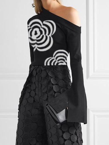 Long Sleeves Loose Flower Print One-Shoulder T-Shirts Tops BLACK WHITE