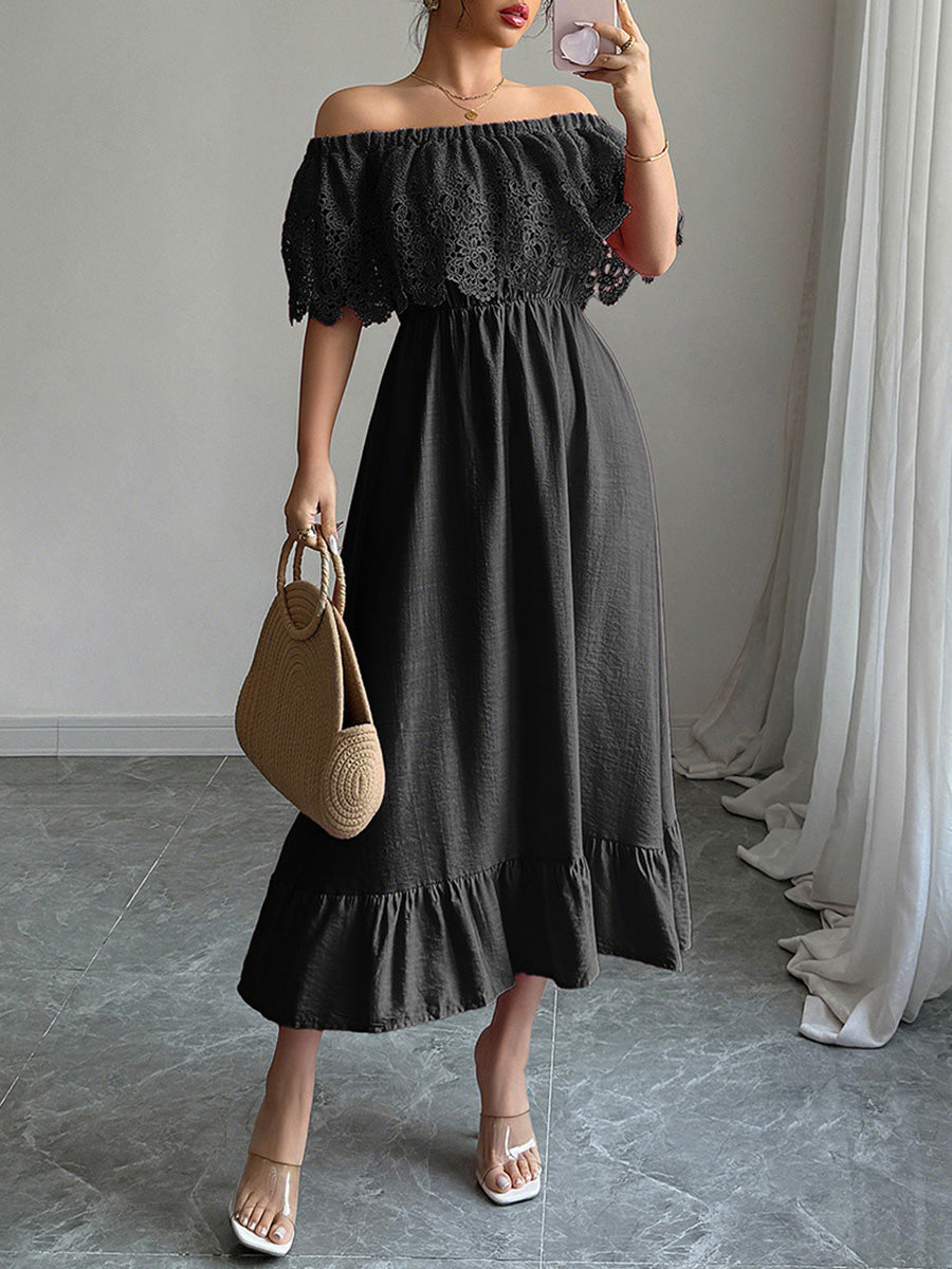 A-Line High Waisted Pleated Ruffled Solid Color Split-Joint One-Shoulder Midi Dresses
