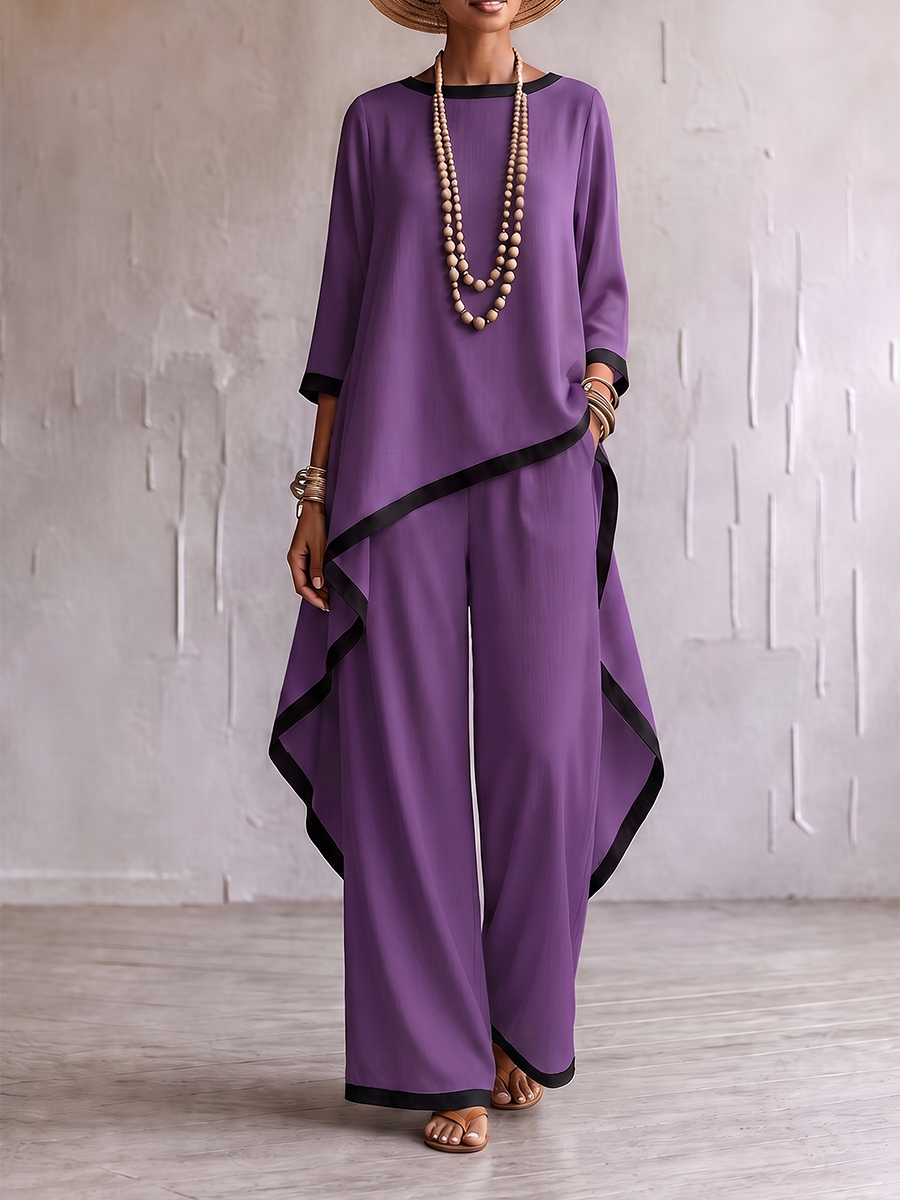 Loose Contrast Color Split-Joint Round-neck High-low Asymmetric Blouses&shirts Tops + Pockets Pants Trousers Two Pieces Set