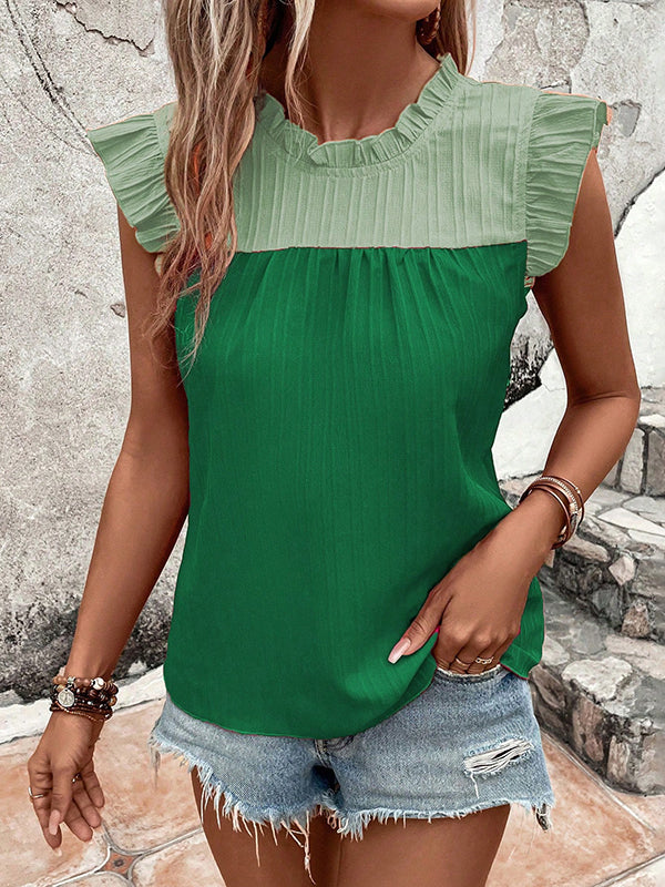 Flying Sleeves Loose Contrast Color Pleated Ruffled Split-Joint Round-neck Vest Top