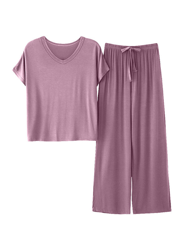 Casual Short Sleeves Solid Color V-Neck T Shirt Top&Drawstring Pants Pajamas Set