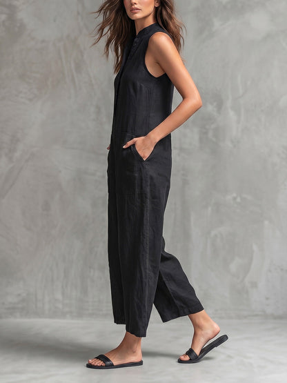 High Waisted Sleeveless Buttoned Pockets Solid Color Stand Collar Jumpsuits