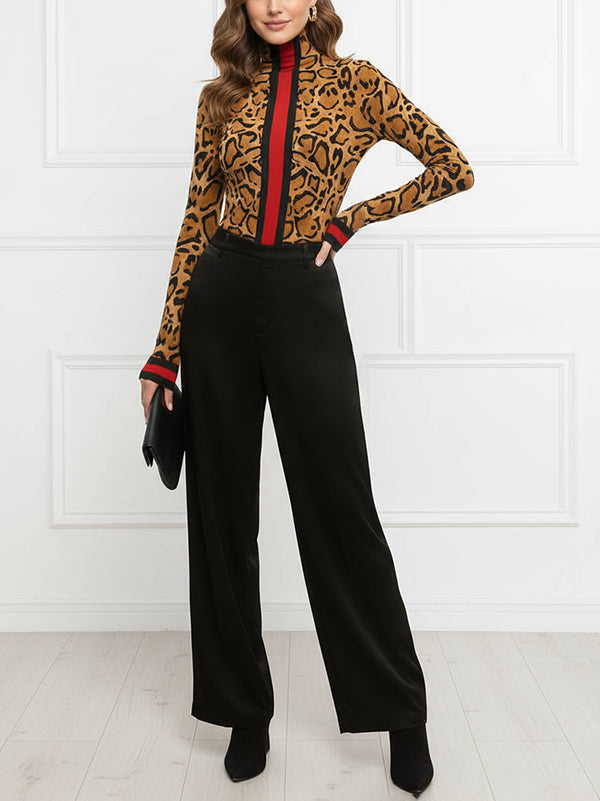 Leopard Contrast Color Skinny Long Sleeves High Neck T-Shirts Tops