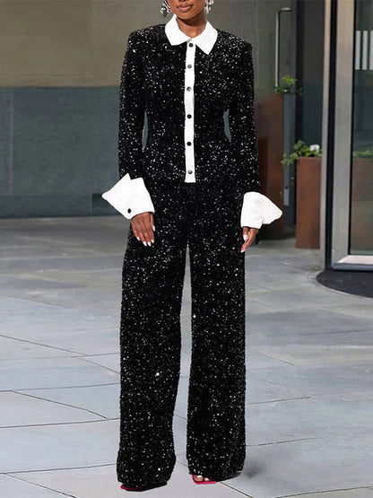 Long Sleeves Loose Contrast Color Sequined Split-Joint Lapel Blouses&Shirts Tops