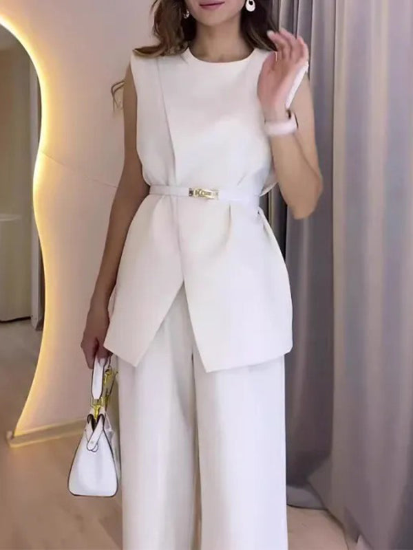 Loose Sleeveless Split-Front Split-Joint Round-Neck Vest Top