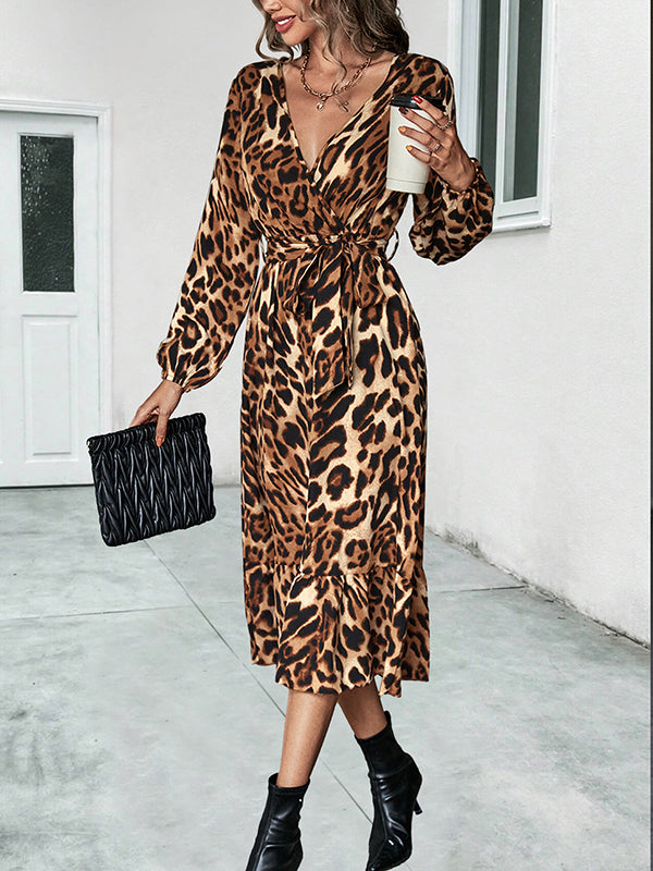 High Waisted Long Sleeves Leopard Tied Waist V-Neck Midi Dresses
