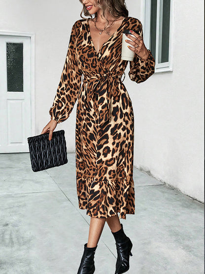 High Waisted Long Sleeves Leopard Tied Waist V-Neck Midi Dresses