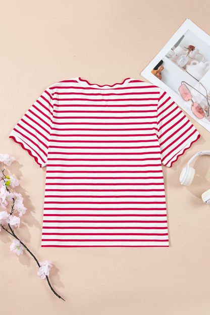 Green Stripe Scalloped Trim Round Neck T Shirt