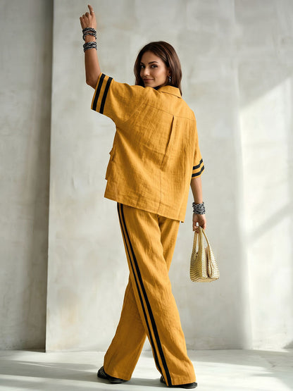 Striped Split-side Contrast Color Buttoned Loose High-low Lapel Blouses&shirts Tops