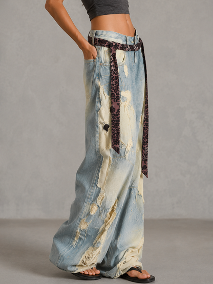 High Waisted Wide Leg Asymmetric Buttoned Contrast Color Jacquard Pockets Split-Joint Streamer Jean Pants Bottoms