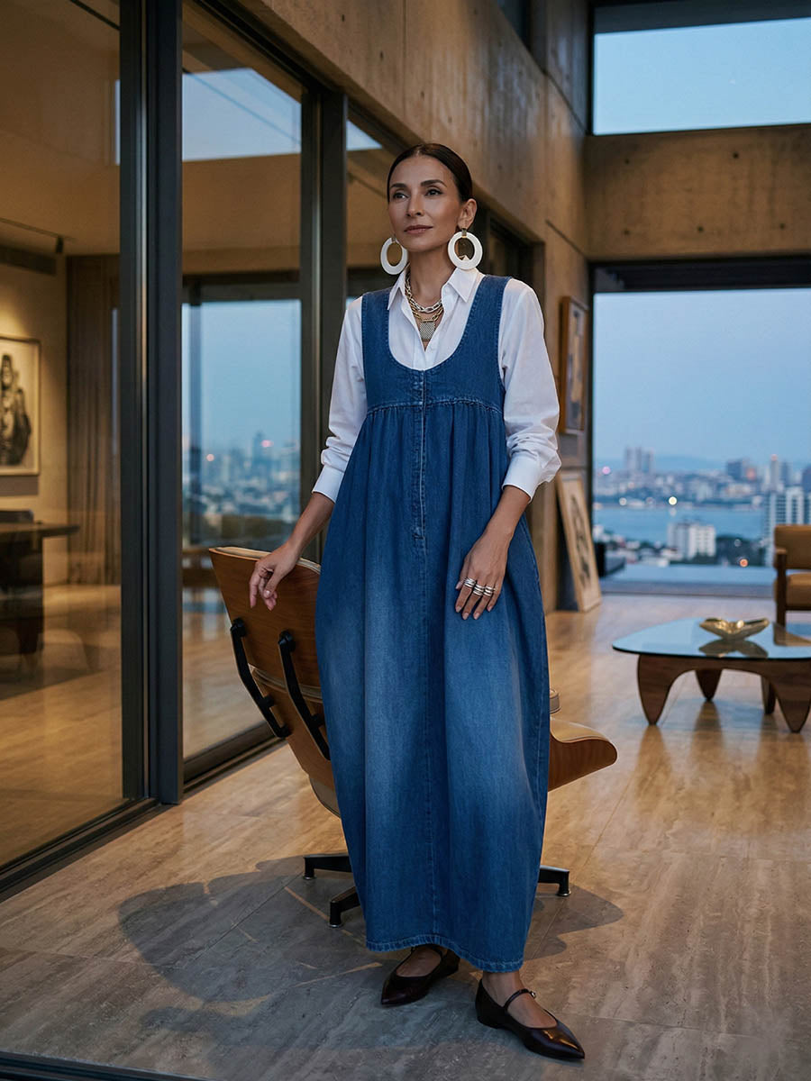 A-Line Loose Pleated Pockets Solid Color U-Neck Maxi Dresses