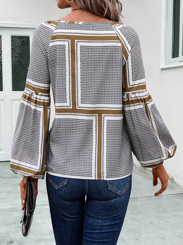 Long Sleeves Loose Elasticity Print Tied V-Neck Blouses&Shirts Tops