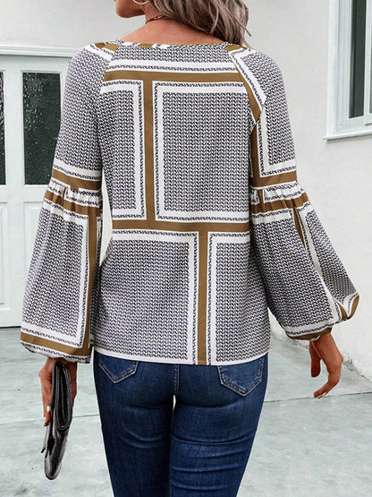 Long Sleeves Loose Elasticity Print Tied V-Neck Blouses&Shirts Tops