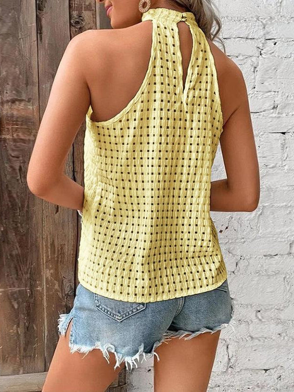 Loose Plus Size Hollow Jacquard Pleated Solid Color Halter-Neck Vest Top