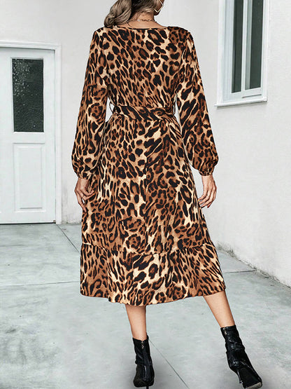 High Waisted Long Sleeves Leopard Tied Waist V-Neck Midi Dresses