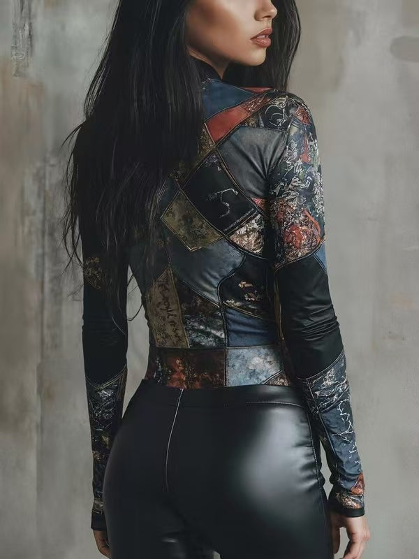 Irregularity Long Sleeves Contrast Color Printed Split-Joint Half Turtleneck Blouses&Shirts Tops