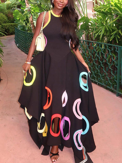 A-Line High Waisted Contrast Color Hollow Round-Neck Maxi Dresses