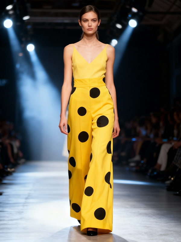 Elasticated Waist High Waisted Contrast Color Polka-Dot Split-Joint Pants