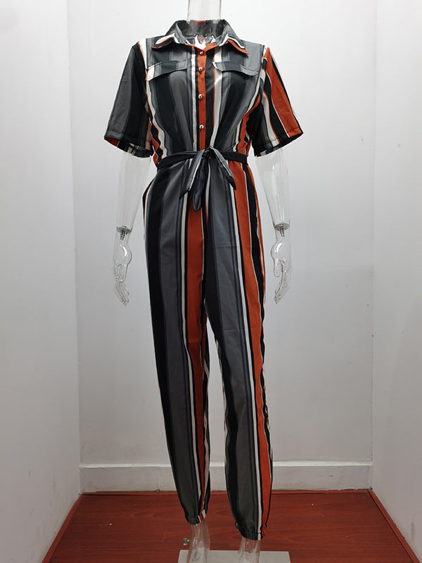 Loose Plus Size Split-Joint Striped Tied Waist Lapel Jumpsuits