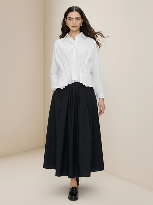 Elasticated Waist Irregularity Buttoned Pleated Ruffled Solid Color Lapel Blouses&Shirts Tops