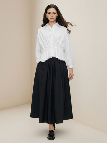 Elasticated Waist Irregularity Buttoned Pleated Ruffled Solid Color Lapel Blouses&Shirts Tops
