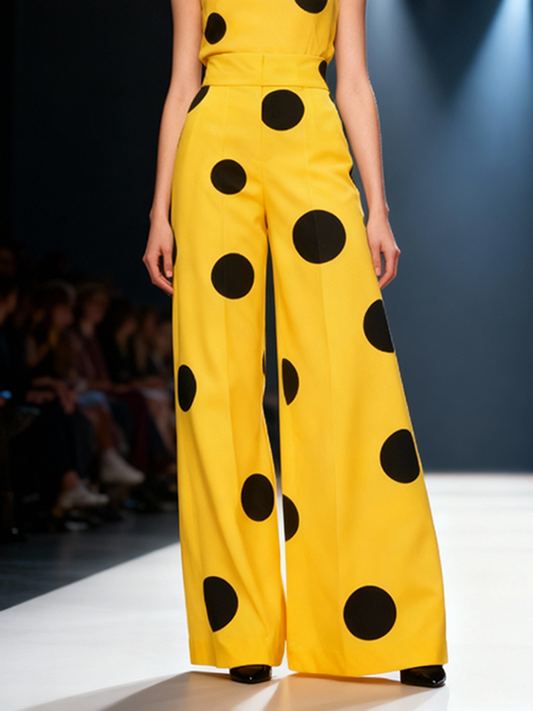 Elasticated Waist High Waisted Contrast Color Polka-Dot Split-Joint Pants
