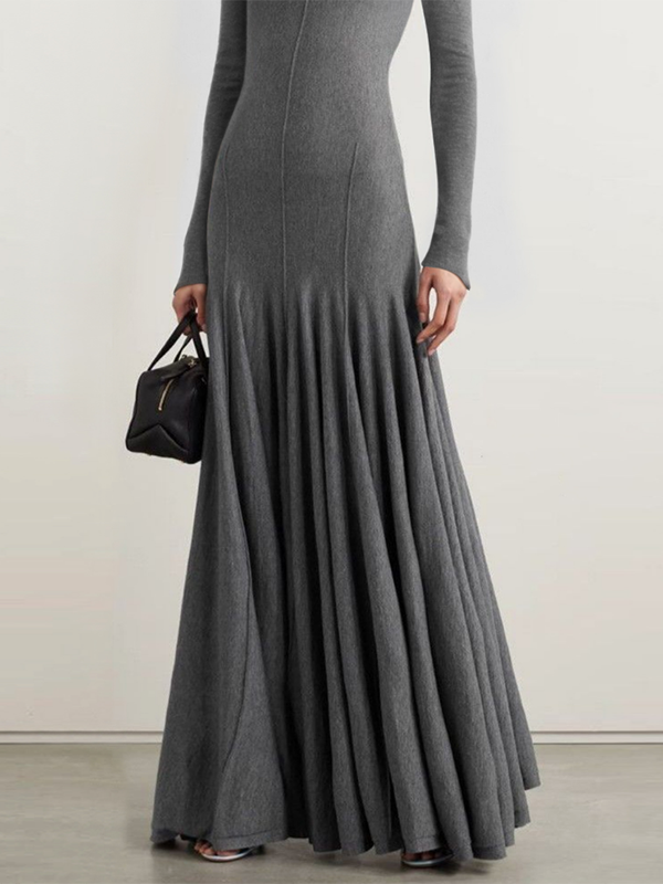 Long Sleeves Skinny Solid Color High Neck Maxi Dresses