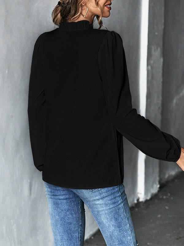 Lange Ärmel, lockere, gerüschte, einfarbige Blusen und Hemden mit V-Ausschnitt 