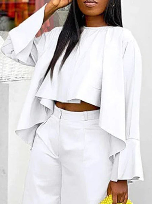 High-Low Loose Pleated Solid Color Split-Joint Round-Neck Blouses&Shirts Tops