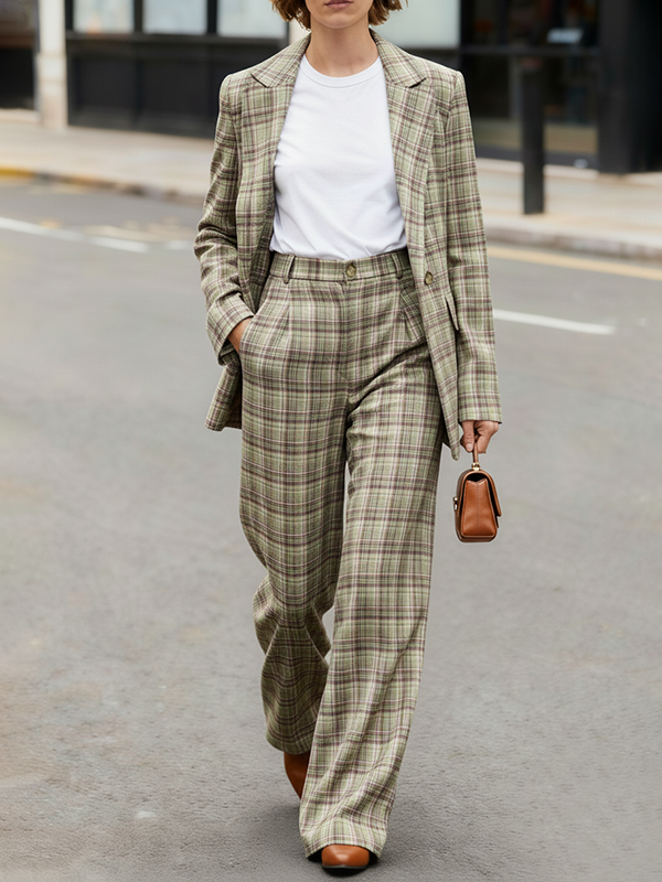 Long Sleeves Loose Buttoned Plaid Pockets Lapel Blazer Outerwear