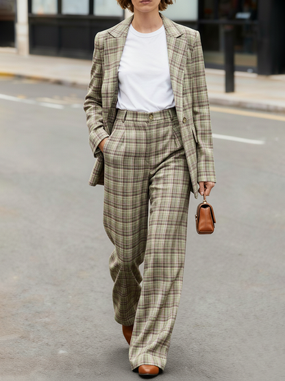 Long Sleeves Loose Buttoned Plaid Pockets Lapel Blazer Outerwear