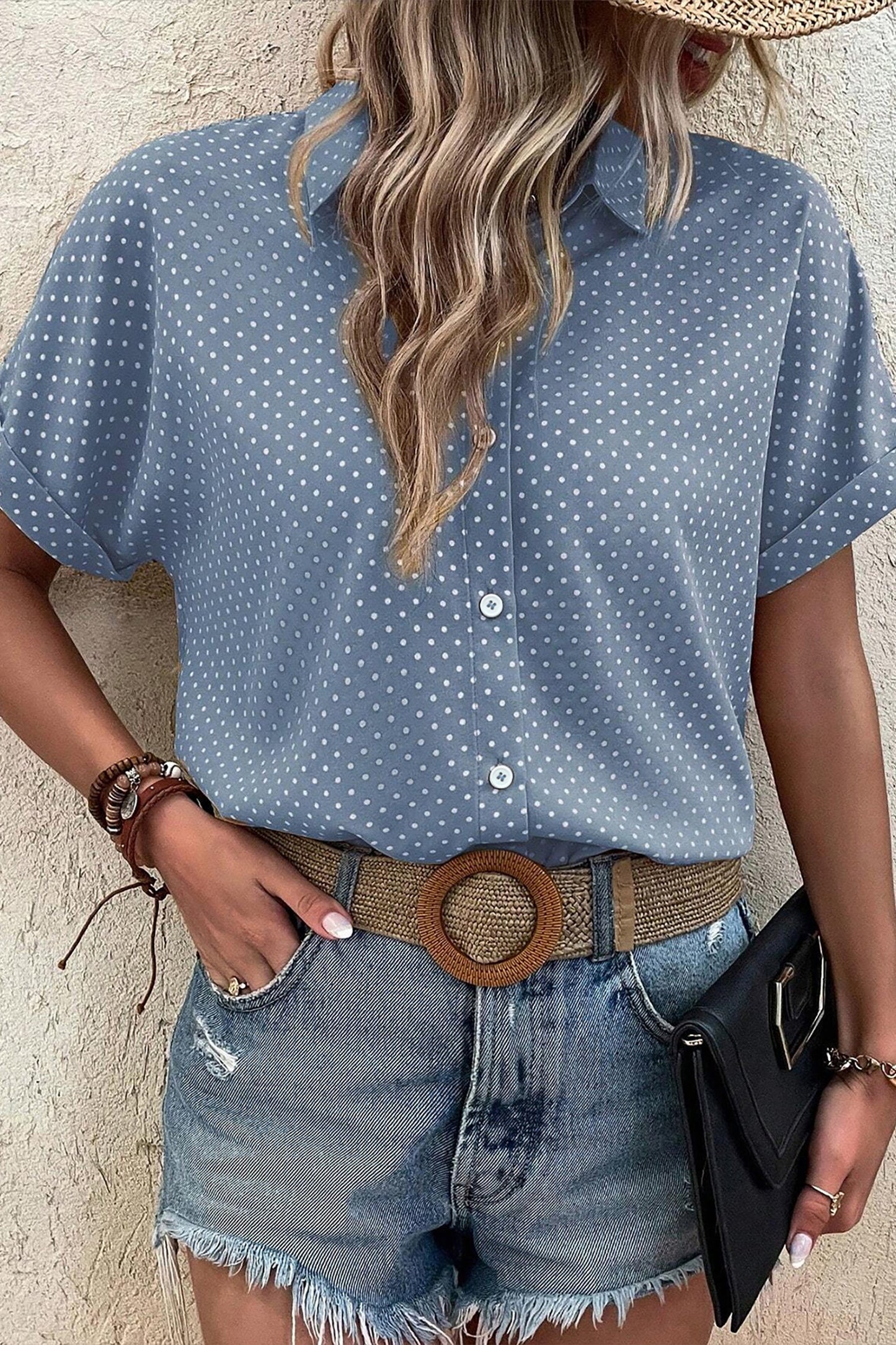 Khaki Dotted Print Cuffed Short Sleeve Shirt