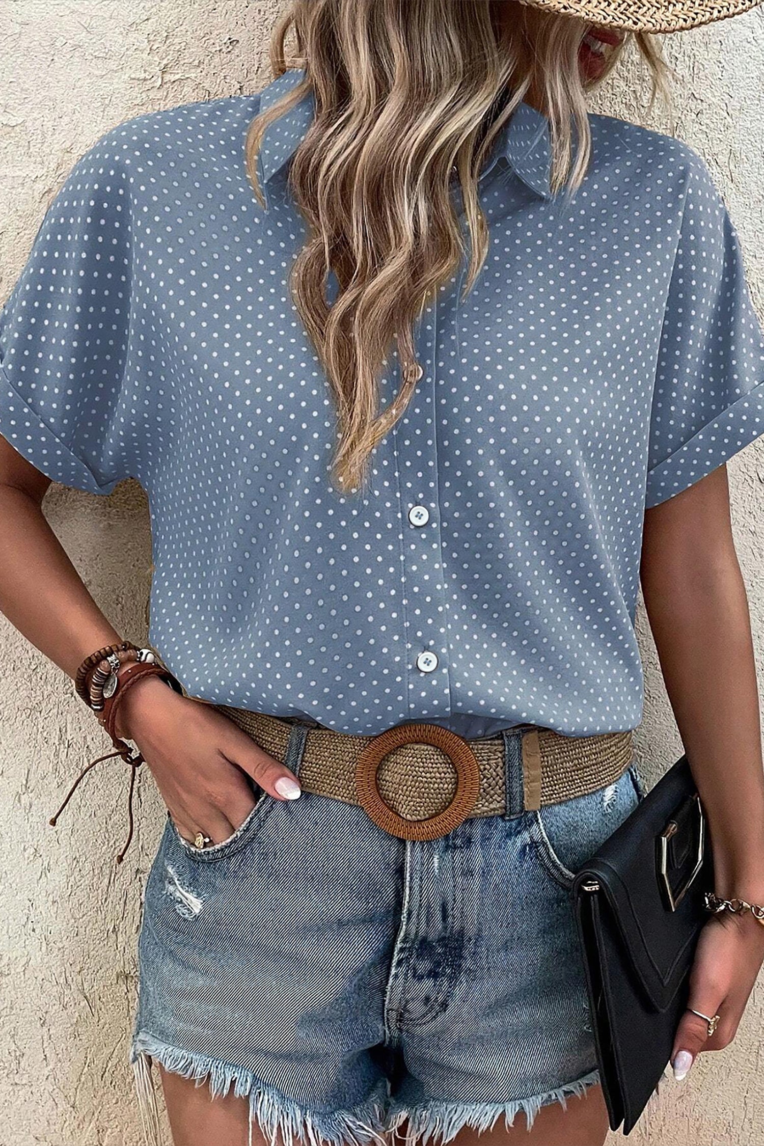 Khaki Dotted Print Cuffed Short Sleeve Shirt